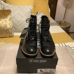Stacy Adams Black Leather Lace-Up Boots with leather sole  New in Box